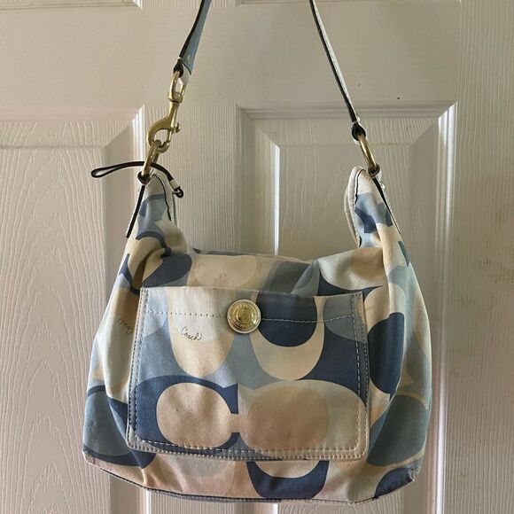 Coach Signature Nylon Blue Scarf Print Hobo Bag 11734 Leather strap and trim. - Picture 1 of 16